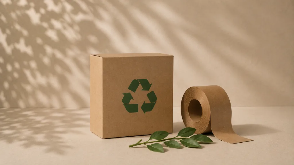Nachhaltige Wellpappe-Verpackung mit Recyclingsymbol, Papierklebeband und Naturblatt